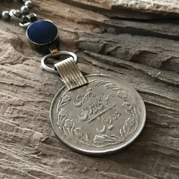 Rustic Lapis Lazuli Ethnic Coin Charm Necklace - 30 Inch Chain - Picture 10 of 12